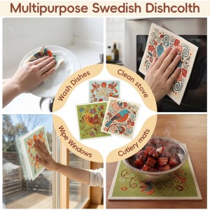 Tegeme 12 Pack Sweden Dishcloths 6 Patterns Super Absorbent Reusable Quick-Drying Washable Sponge Cloths for Kitchen Dishwashing Counters Household Cleaning Durable(Birds and Flowers)
