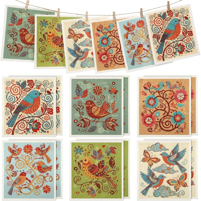 Tegeme 12 Pack Sweden Dishcloths 6 Patterns Super Absorbent Reusable Quick-Drying Washable Sponge Cloths for Kitchen Dishwashing Counters Household Cleaning Durable(Birds and Flowers)