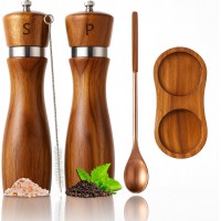 Premium Acacia Wood Salt & Pepper Grinder Set, 8-Inch Manual Mills with Adjustable Coarseness, Ceramic Core, Matching Tray, Spoon & Cleaning Brush – 2 Pack