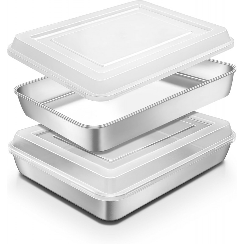Stainless Steel Baking Pan with Lid, 12⅓ x 9¾ x 2 Inch Deep Rectangle Cake Pans with Cover for Cakes, Brownies, Cookies, Deep Side & Heavy Duty,Dishwasher & fridge & Oven Safe(2 Pans + 2 Lids)