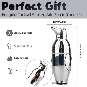 Penguin Cocktail Shaker, Bartender Shakers 17oz with Built-In Strainer, Unique Design Stainless Steel Martini Shaker Professional Bar Mixology Tool, Sliver Drink Mixer Bartending Essential