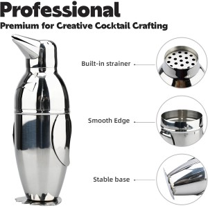 Penguin Cocktail Shaker, Bartender Shakers 17oz with Built-In Strainer, Unique Design Stainless Steel Martini Shaker Professional Bar Mixology Tool, Sliver Drink Mixer Bartending Essential