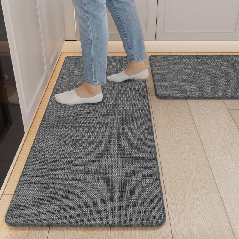 Non Slip Kitchen Mat Rugs Sets of 2, Rubber Backing Linen-Like Thin Kitchen Mats for Floor 2 Piece Kitchen Runner Rug Washable Absorbent Standing Sink Mat, Dark Gray 17