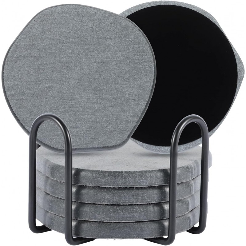 Azhou 6Pcs Absorbent Diatomaceous Earth Coasters Set with Holder - 4 Inch Quick-Dry Stone Coasters with Scratch-Resistant Surface & Velvet Base, Reusable Home Decor for Coffee Bar, Office Desk