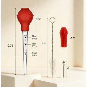 Turkey Baster Large 3/4 oz – Plastic Baster with Marinade Injector, Silicone Bulb, Basting & Cleaning Brush (Red)