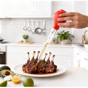Turkey Baster Large 3/4 oz – Plastic Baster with Marinade Injector, Silicone Bulb, Basting & Cleaning Brush (Red)