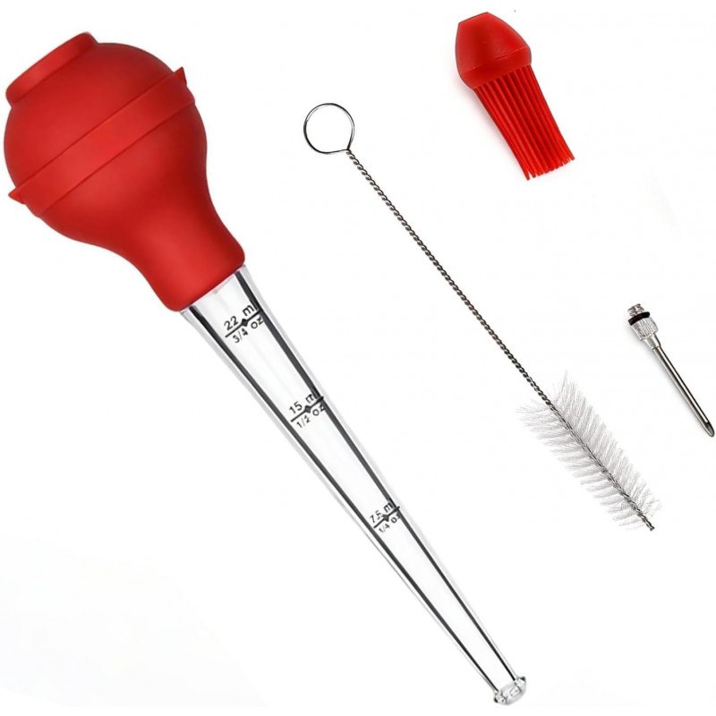 Turkey Baster Large 3/4 oz – Plastic Baster with Marinade Injector, Silicone Bulb, Basting & Cleaning Brush (Red)