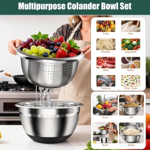 Stainless Steel Mixing Bowls Set with Lids & Silicone Base - 7-Piece Kitchen Gadgets Includes Colander, Grater, Egg Separator, Whisk - Nesting Bowls (1.5, 2, 2.5, 4.5 QT), Dishwasher Safe, Black