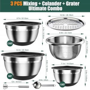 Stainless Steel Mixing Bowls Set with Lids & Silicone Base - 7-Piece Kitchen Gadgets Includes Colander, Grater, Egg Separator, Whisk - Nesting Bowls (1.5, 2, 2.5, 4.5 QT), Dishwasher Safe, Black