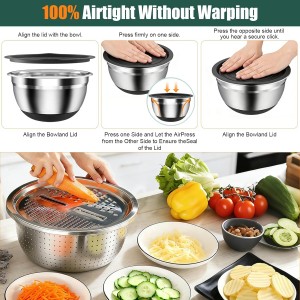 Stainless Steel Mixing Bowls Set with Lids & Silicone Base - 7-Piece Kitchen Gadgets Includes Colander, Grater, Egg Separator, Whisk - Nesting Bowls (1.5, 2, 2.5, 4.5 QT), Dishwasher Safe, Black