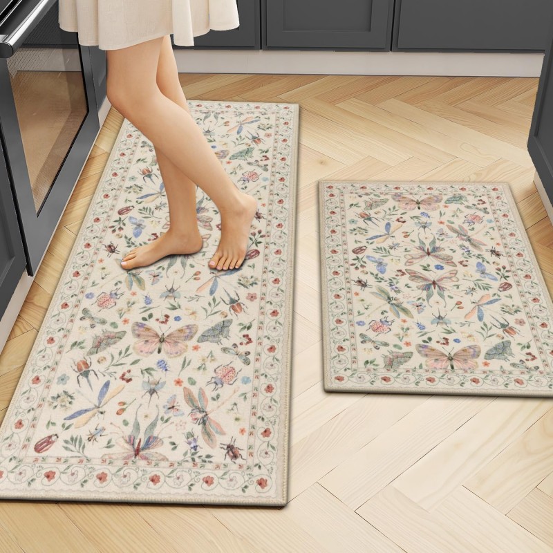 Ileading Kitchen Rugs Sets of 2, Non Slip Washable Kitchen Mats for Floor, Stain Resistant Farmhouse Floor Mat Carpet Runner for Kitchen Sink Office Laundry Hallway, Beige 20