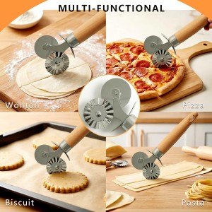 2 Pack Pizza Cutter Double Wheel- Stainless Steel Blades (Fluted & Straight) with Wooden Handle - Pastry & Dough Cutter Tool for Pasta, Pizza, Ravioli, Cookies