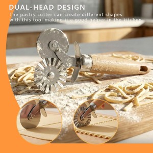 2 Pack Pizza Cutter Double Wheel- Stainless Steel Blades (Fluted & Straight) with Wooden Handle - Pastry & Dough Cutter Tool for Pasta, Pizza, Ravioli, Cookies