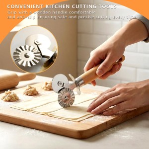 2 Pack Pizza Cutter Double Wheel- Stainless Steel Blades (Fluted & Straight) with Wooden Handle - Pastry & Dough Cutter Tool for Pasta, Pizza, Ravioli, Cookies