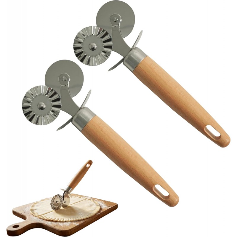 2 Pack Pizza Cutter Double Wheel- Stainless Steel Blades (Fluted & Straight) with Wooden Handle - Pastry & Dough Cutter Tool for Pasta, Pizza, Ravioli, Cookies