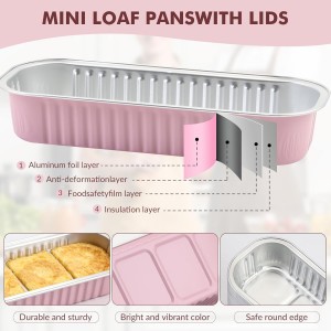 30 Pack Mini Loaf Cake Pan with Lids and Spoons, 6.8oz Small Disposable Aluminum Cake Tin Foil Pans, Rectangular Mini Loaf Bread Pans with Lids for Baking,Party,Picnics,Holidays (Pink)