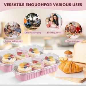 30 Pack Mini Loaf Cake Pan with Lids and Spoons, 6.8oz Small Disposable Aluminum Cake Tin Foil Pans, Rectangular Mini Loaf Bread Pans with Lids for Baking,Party,Picnics,Holidays (Pink)