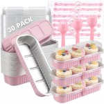 30 Pack Mini Loaf Cake Pan with Lids and Spoons, 6.8oz Small Disposable Aluminum Cake Tin Foil Pans, Rectangular Mini Loaf Bread Pans with Lids for Baking,Party,Picnics,Holidays (Pink)