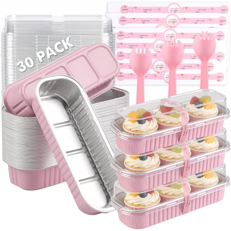 30 Pack Mini Loaf Cake Pan with Lids and Spoons, 6.8oz Small Disposable Aluminum Cake Tin Foil Pans, Rectangular Mini Loaf Bread Pans with Lids for Baking,Party,Picnics,Holidays (Pink)