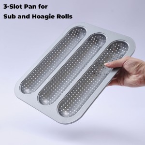 Metal Sub Roll & Hoagie Roll Baking Pan 12 inch, 3-Slot Perforated French Bread & Mini Baguette Pan, Nonstick Carbon Steel Bread Baking Tray for Homemade Subs & Sandwich Rolls