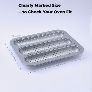 Metal Sub Roll & Hoagie Roll Baking Pan 12 inch, 3-Slot Perforated French Bread & Mini Baguette Pan, Nonstick Carbon Steel Bread Baking Tray for Homemade Subs & Sandwich Rolls