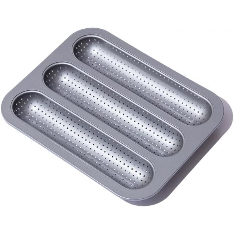Metal Sub Roll & Hoagie Roll Baking Pan 12 inch, 3-Slot Perforated French Bread & Mini Baguette Pan, Nonstick Carbon Steel Bread Baking Tray for Homemade Subs & Sandwich Rolls