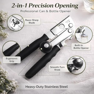 Heavy Duty Manual Can Opener for Seniors & Adults with Magnetic Lid Lifter - Easy Open Smooth Edge Safe Cut, Stainless Steel for Large Cans, Kitchen & Camping & Commercial with Bottle Opener