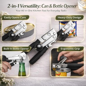 Heavy Duty Manual Can Opener for Seniors & Adults with Magnetic Lid Lifter - Easy Open Smooth Edge Safe Cut, Stainless Steel for Large Cans, Kitchen & Camping & Commercial with Bottle Opener