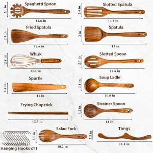 12 Piece Wooden Spoons for Cooking, Natural Teak Wooden Utensils Set, Nan-Scratch Wood Cooking Utensils Set with Hooks, Durable Heat Resistant Wood Kitchen Tool for Nonstick Cookware
