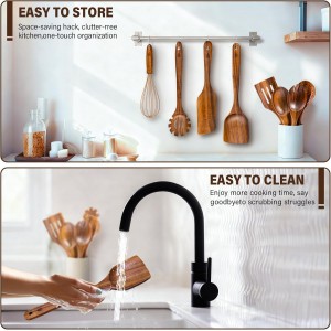 12 Piece Wooden Spoons for Cooking, Natural Teak Wooden Utensils Set, Nan-Scratch Wood Cooking Utensils Set with Hooks, Durable Heat Resistant Wood Kitchen Tool for Nonstick Cookware