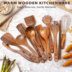 12 Piece Wooden Spoons for Cooking, Natural Teak Wooden Utensils Set, Nan-Scratch Wood Cooking Utensils Set with Hooks, Durable Heat Resistant Wood Kitchen Tool for Nonstick Cookware