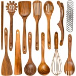 12 Piece Wooden Spoons for Cooking, Natural Teak Wooden Utensils Set, Nan-Scratch Wood Cooking Utensils Set with Hooks, Durable Heat Resistant Wood Kitchen Tool for Nonstick Cookware