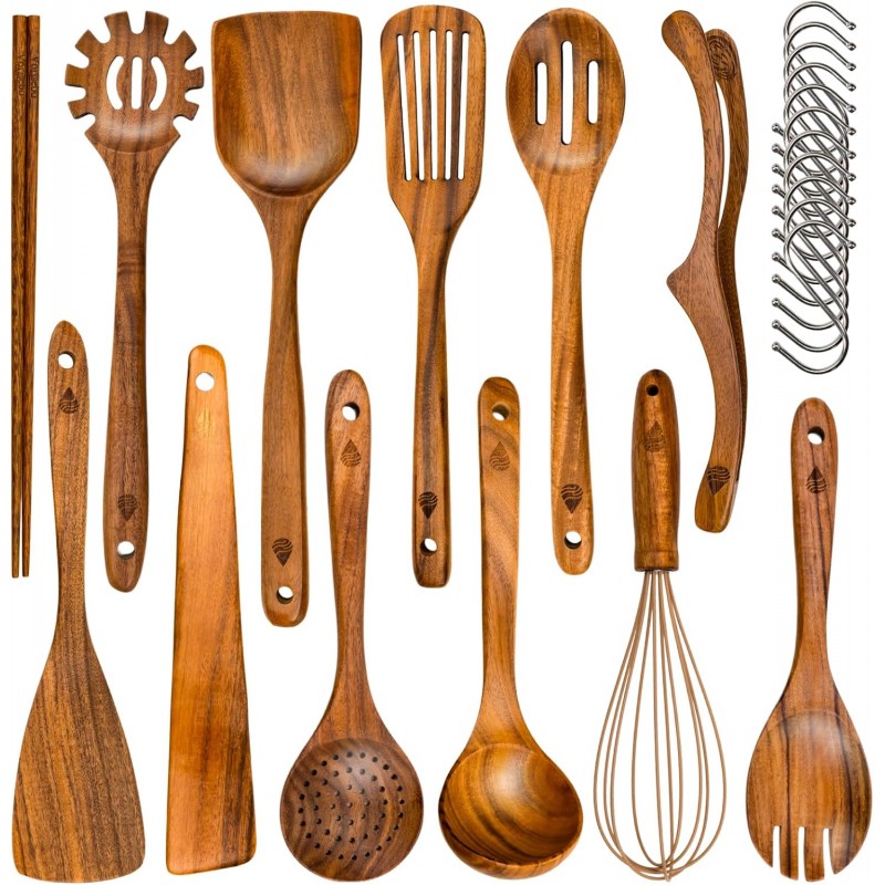 12 Piece Wooden Spoons for Cooking, Natural Teak Wooden Utensils Set, Nan-Scratch Wood Cooking Utensils Set with Hooks, Durable Heat Resistant Wood Kitchen Tool for Nonstick Cookware