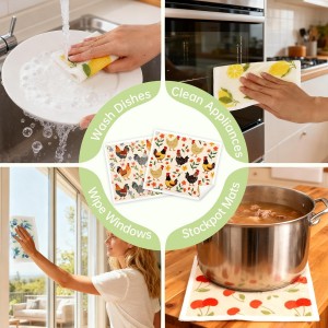 Swedish Dishcloths for Kitchen, 5 Pack Funny Chicken Reusable Paper Towels with 3 Hooks, Washable Dish Cloth Set, Absorbent Cleaning Cloth for Washing Dishes Housewarming Gifts for Friend