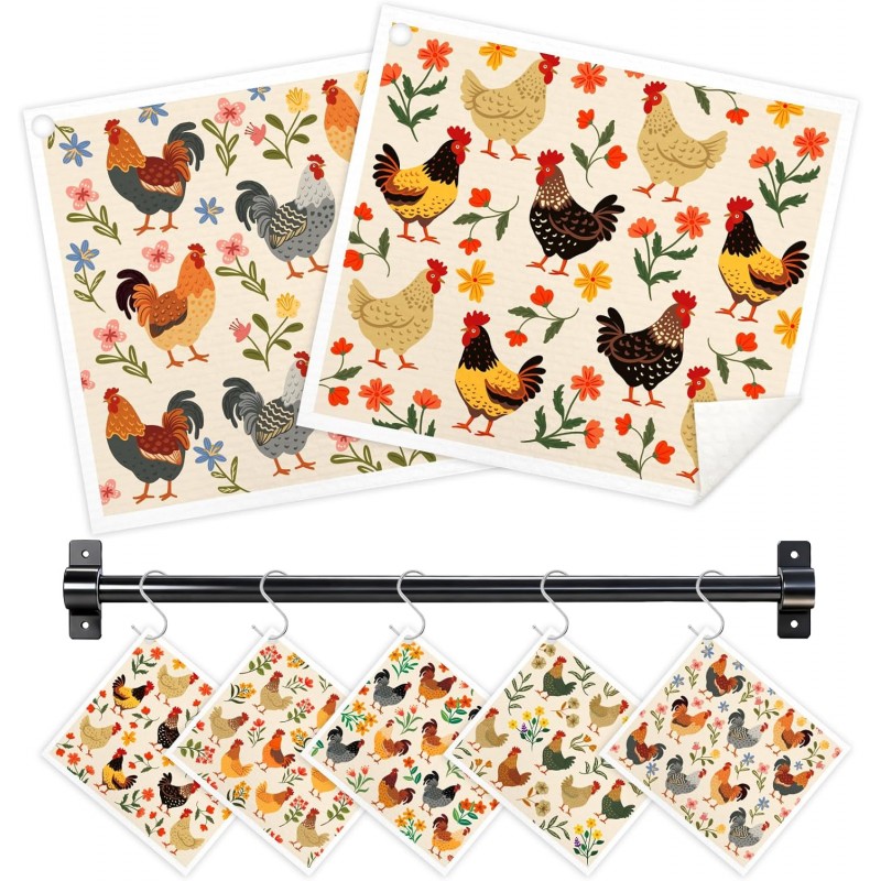 Swedish Dishcloths for Kitchen, 5 Pack Funny Chicken Reusable Paper Towels with 3 Hooks, Washable Dish Cloth Set, Absorbent Cleaning Cloth for Washing Dishes Housewarming Gifts for Friend