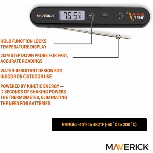 Maverick Shake Temp™ Instant Read Thermometer, Kinetic Energy Powered (No Batteries), Fast 2mm Step-Down Probe, Water-Resistant, Large LCD & Hold Function, for Grilling, Camping & Kitchen Use