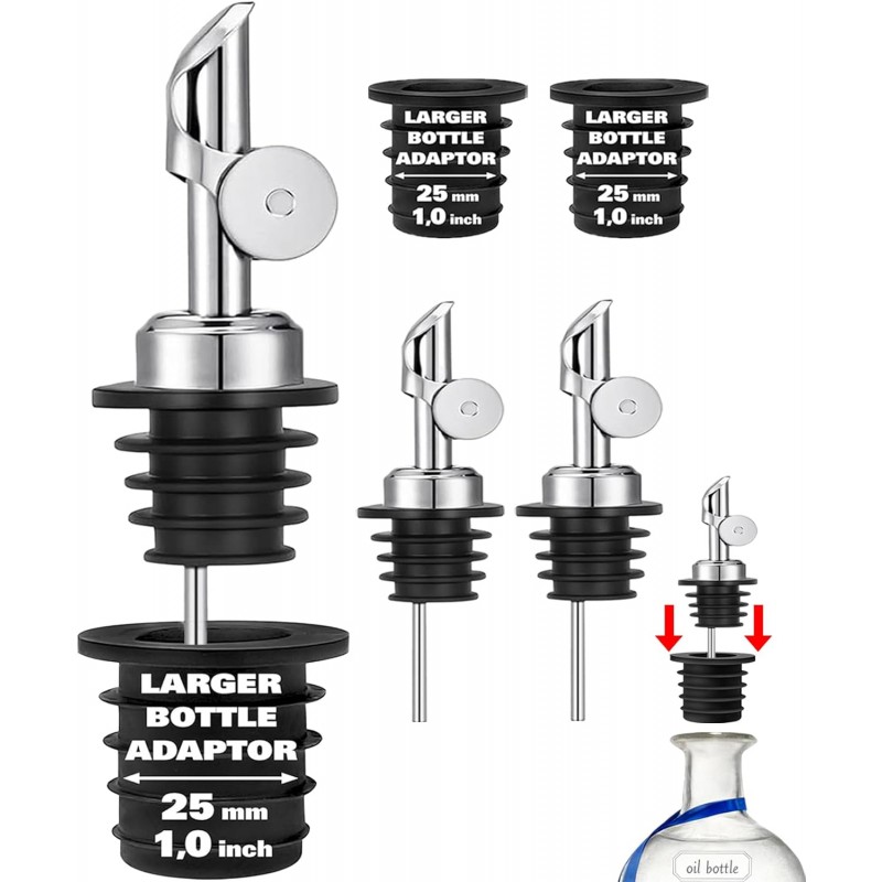Pafusen Olive Oil Pour Spout with Adapters, Oils Pourer for Olive Oil Dispenser Bottle, Easily Turn Your Bottles into Dispensers for Liquor,Oils,Bottle Pourers (Sliver, 3 Pack Pour +Adapters)