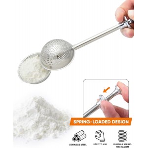 Flour Duster for Baking, Stainless Steel flour sifter with One-Handed Spring Handle, Fine Mesh Baking Dusting Wand for Powdered Sugar, Cocoa, Spices, Even Sprinkle