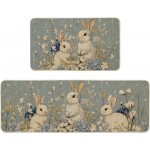 Artoid Mode Rabbit Flowers Bunny Easter Kitchen Mats Set of 2, Spring Home Decor Low-Profile Kitchen Rugs for Floor - 17x29 and 17x47 Inch