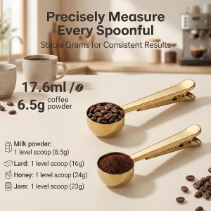 Li&Zhao Stainless Steel Coffee Scoop with Clip - Coffee Scoop for Ground Coffee, Precision Coffee Measuring Scoop, Tablespoon Stainless Steel Scoop for Coffee, Tea, Protein Powder (Gold)