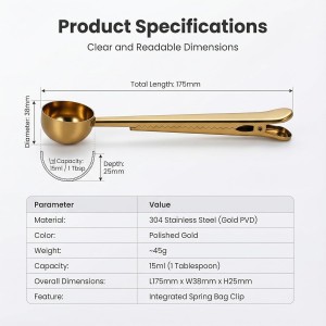 Li&Zhao Stainless Steel Coffee Scoop with Clip - Coffee Scoop for Ground Coffee, Precision Coffee Measuring Scoop, Tablespoon Stainless Steel Scoop for Coffee, Tea, Protein Powder (Gold)