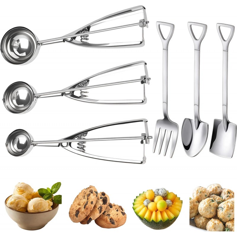 Ice Cream Scoop, 3Pcs Cookie Scoop Set, Stainless Steel Ice Cream Scoop with Trigger Release, Cookie Dough Scoop, Large/Medium/Small Cookie Scooper for Baking with 2 Shovel Spoons and 1 Shovel Forks