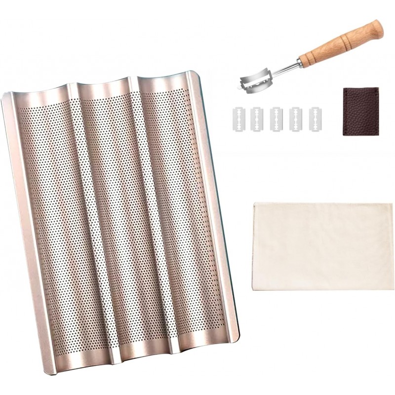 Baguette Baking Kit: 3-Groove Carbon Steel Pan with Lame & Proofing Cloth, Air Vented French Bread Tray for Homemade Artisan Loaves