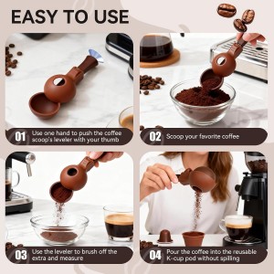 Reusable Coffee Pod Filling Scoop with Built-In Funnel – No Spill Capsule Refill Tool, 15g/30g Measuring Spoon for Ground Coffee Beans & Protein Powder, Silicone Funnel Scoop 2-Pack (Blue & Brown)