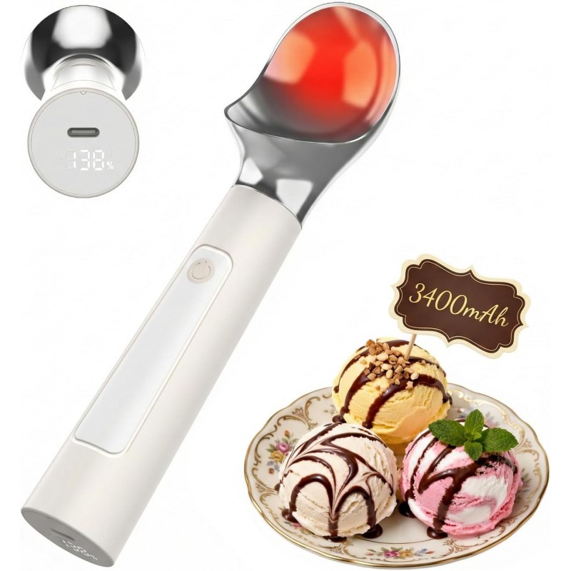 Heated Ice Cream Scoop – Electric Scooper for Hard Ice Cream and Desserts, Heating Up to 158°F, Rechargeable 3400mAh Battery with LED Display, Easy to Clean, Ideal Summer Gift
