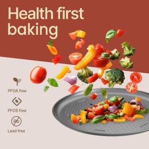 Bakken 16 Inch Non-Stick Pizza Pan 1 Pack, Round Carbon Steel Pizza Tray with Perforated Holes, PFOA, PFOS, & PTFE-Free, Dishwasher & Oven Safe Up To 450°F, Durable Nonstick Coating, Silver