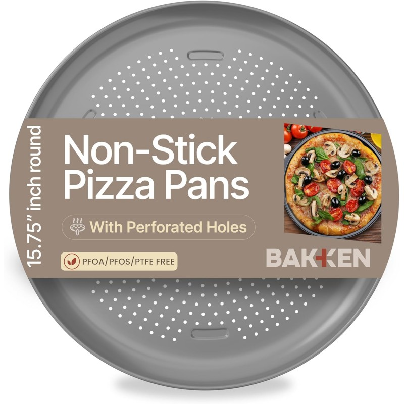 Bakken 16 Inch Non-Stick Pizza Pan 1 Pack, Round Carbon Steel Pizza Tray with Perforated Holes, PFOA, PFOS, & PTFE-Free, Dishwasher & Oven Safe Up To 450°F, Durable Nonstick Coating, Silver