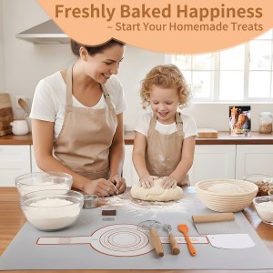 Danish Dough Whisk Set 7 Piece with Wooden Handle - Sourdough Baking Supplies Kit Includes Bread Whisk, Scoring Tool, Dough Scraper, Baking Mat & Pastry Brush - Top Gadgets for Bakers