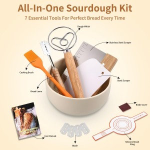 Danish Dough Whisk Set 7 Piece with Wooden Handle - Sourdough Baking Supplies Kit Includes Bread Whisk, Scoring Tool, Dough Scraper, Baking Mat & Pastry Brush - Top Gadgets for Bakers