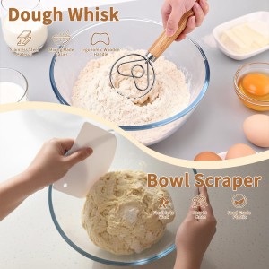 Danish Dough Whisk Set 7 Piece with Wooden Handle - Sourdough Baking Supplies Kit Includes Bread Whisk, Scoring Tool, Dough Scraper, Baking Mat & Pastry Brush - Top Gadgets for Bakers